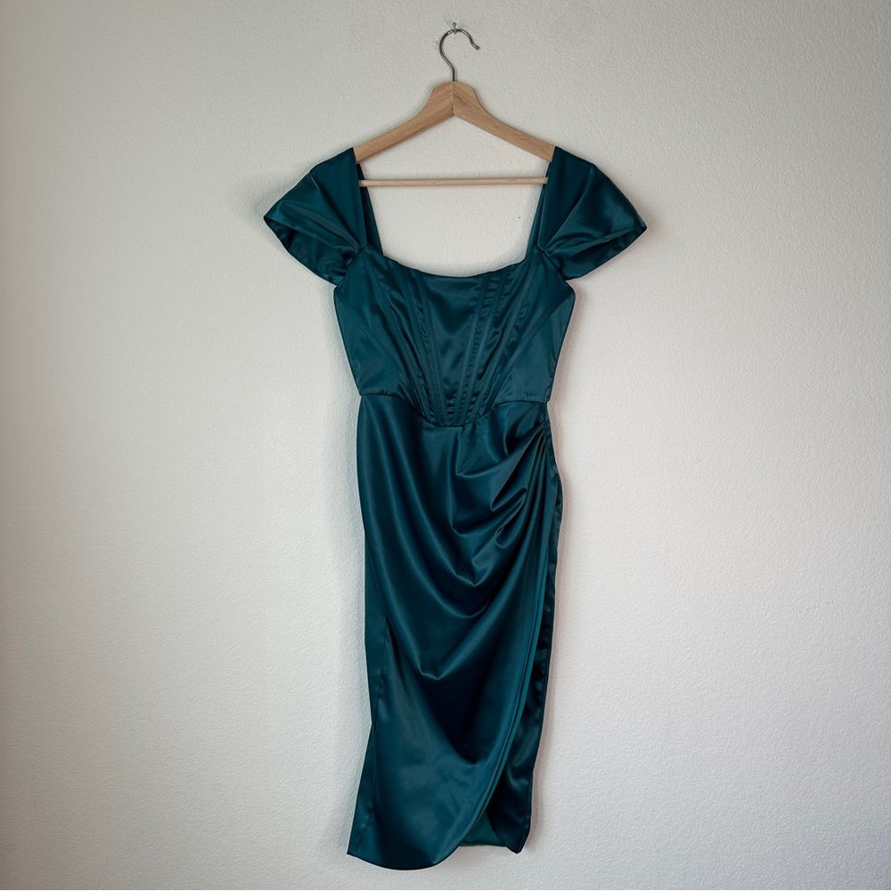 Teal Satin Off-Shoulder Midi Dress - Women